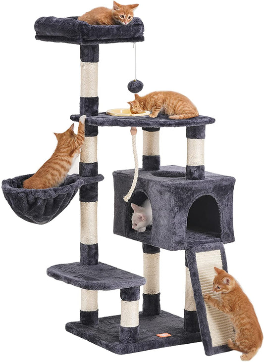 Cat Tower for Indoor Cats with Scratching Board, Multi-Level Cat Furniture Condo with Feeding Bowl Light Gray